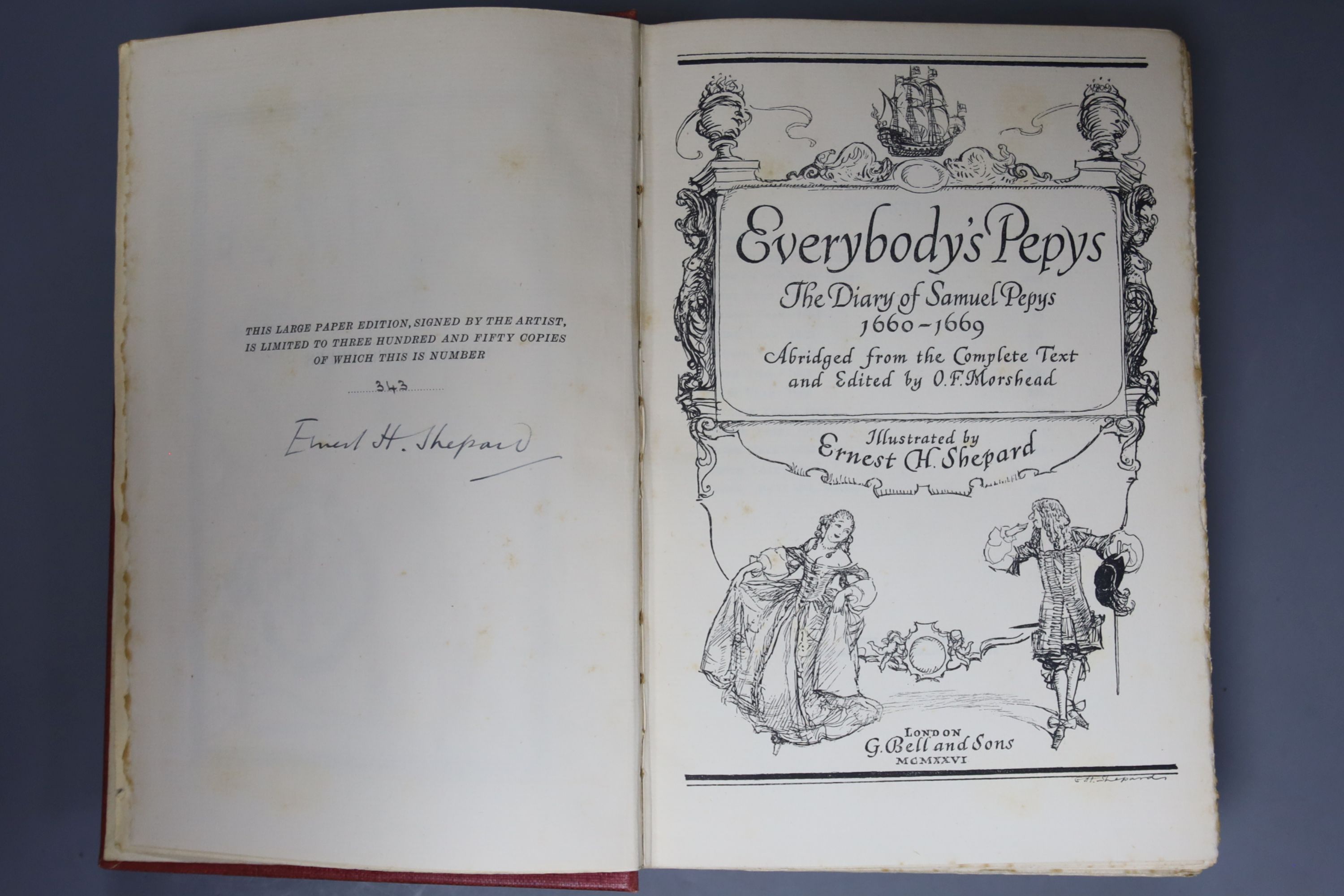 Pepys, Samuel (edited and abridged by O.F. Morshead) - Everybody’s Pepys, 8vo, red cloth, one of 350, signed by the illustrator Ernest Shepard, G. Bell & Sons, London, 1926